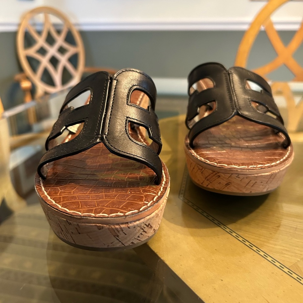 Sam Edelman cork platform wedge sandals. 3” heel with black leather.